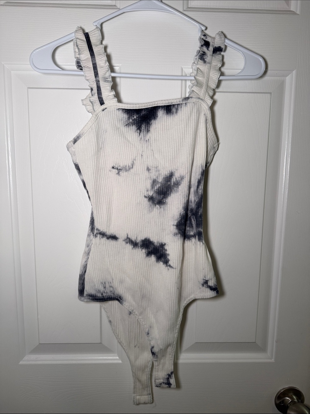 Black & White Tie-Dye Ruffle Strap Bodysuit
